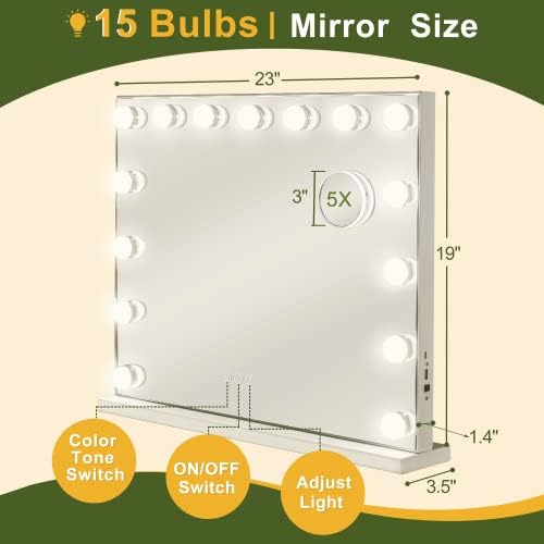 NicBex Makeup Vanity Mirror with Lights, Hollywood Makeup Mirror with Dimmable 15 LED Lights, Smart Touch with 3 Colors Adjustment and Charging Station, Matte White-23 x19