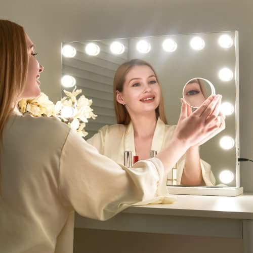 NicBex Makeup Vanity Mirror with Lights, Hollywood Makeup Mirror with Dimmable 15 LED Lights, Smart Touch with 3 Colors Adjustment and Charging Station, Matte White-23 x19