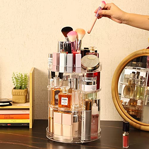 Cq acrylic 360 Degree Rotating Makeup Organizer for Bathroom,4 Tier Adjustable Spinning Cosmetic Storage Cases and Make Up Holder Display Cases,Clear