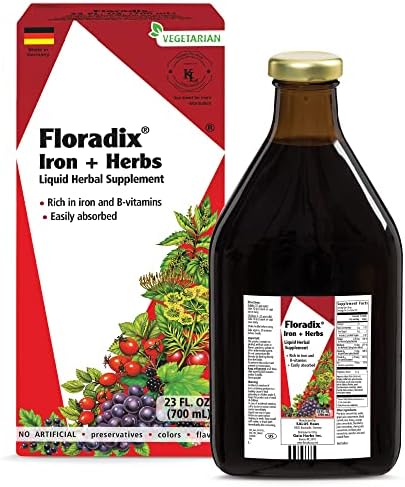 Floradix, Iron & Herbs Vegetarian Liquid Supplement, Energy Support for Women and Men, Easily Absorbed, Non-GMO, Vegetarian, Kosher, Lactose-Free, Unflavored, 23