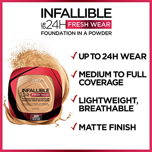 L’Oréal Paris Makeup Infallible Fresh Wear Foundation in a Powder, Up to 24H Wear, Waterproof, Golden Beige, 0.31 oz.