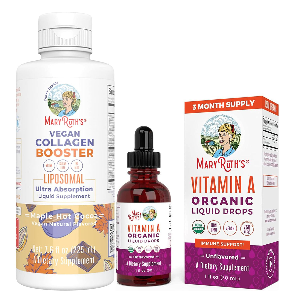 Collagen Booster Liposomal & USDA Organic Vitamin A Liquid Drops Bundle by MaryRuth's | Vitamin C, Vitamin E, Zinc, Copper & Silica | Skin Care & Joint Support Supplement | Immune Support, Eye Health.