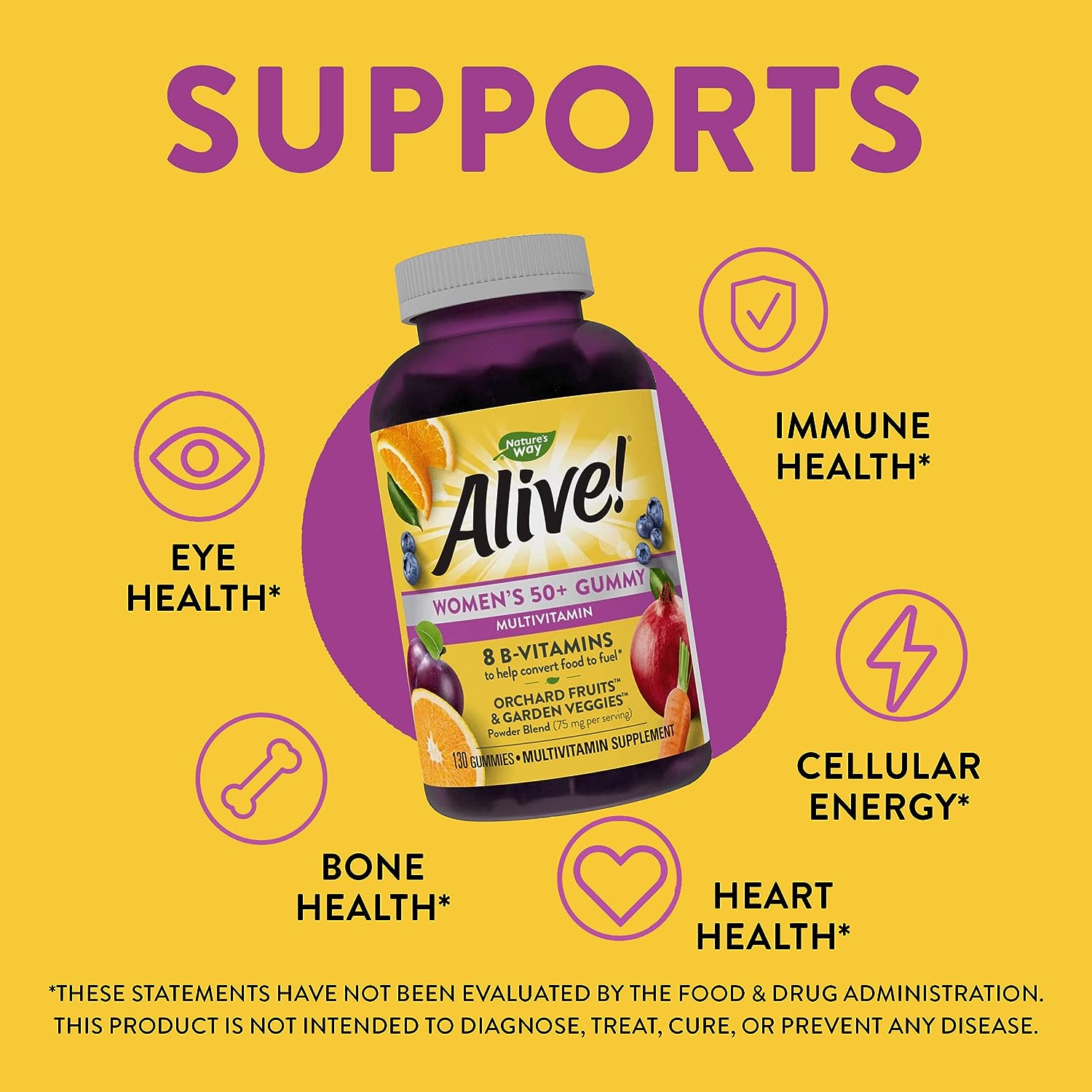 Nature's Way Alive! Women’s 50+ Daily Gummy Multivitamins, Supports Multiple Body Systems*, Supports Cellular Energy*, B-Vitamins, Gluten-Free, Vegetarian, Mixed Berry Flavored, 130 Gummies